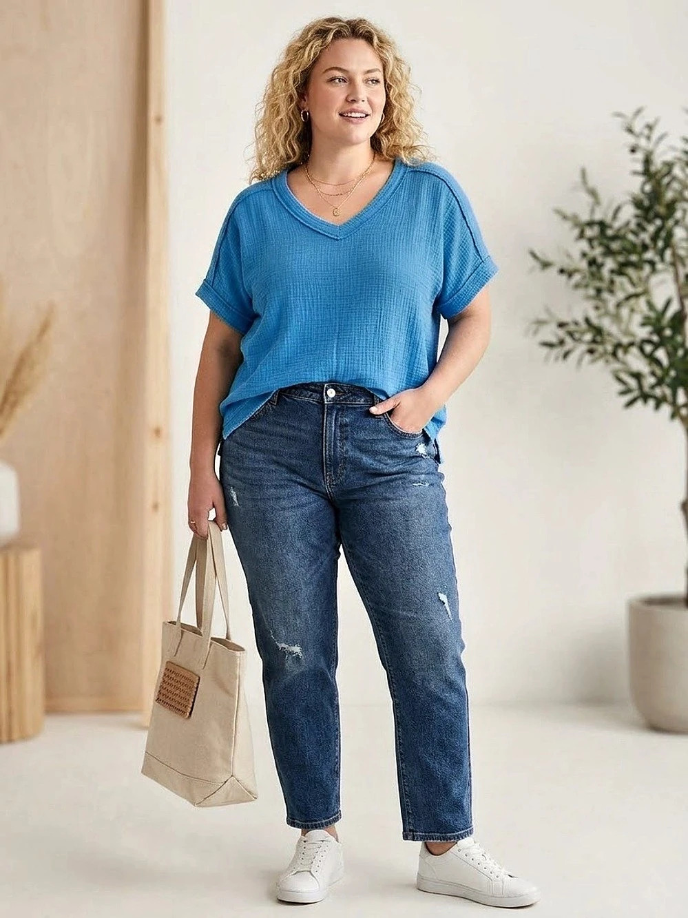 Zenana Blue V-Neck Short Sleeve Accordion Acid Wash Top